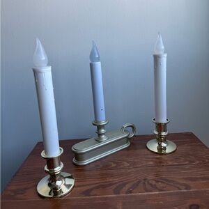 3 Battery Operated Flickering Taper Candles Vintage Faux Brass Matching Set